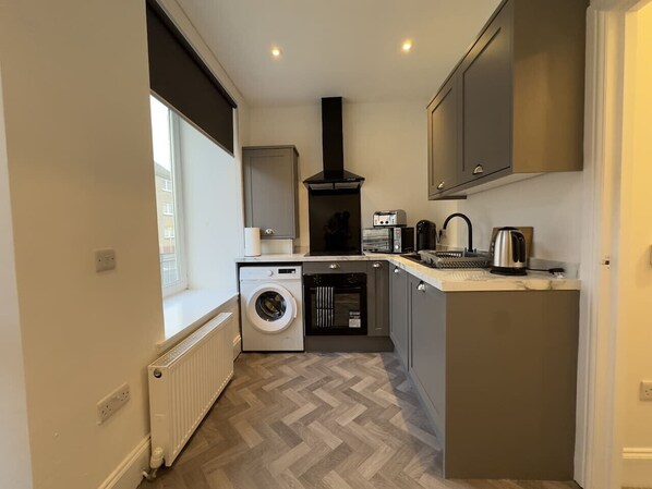 Fridge, microwave, oven, toaster