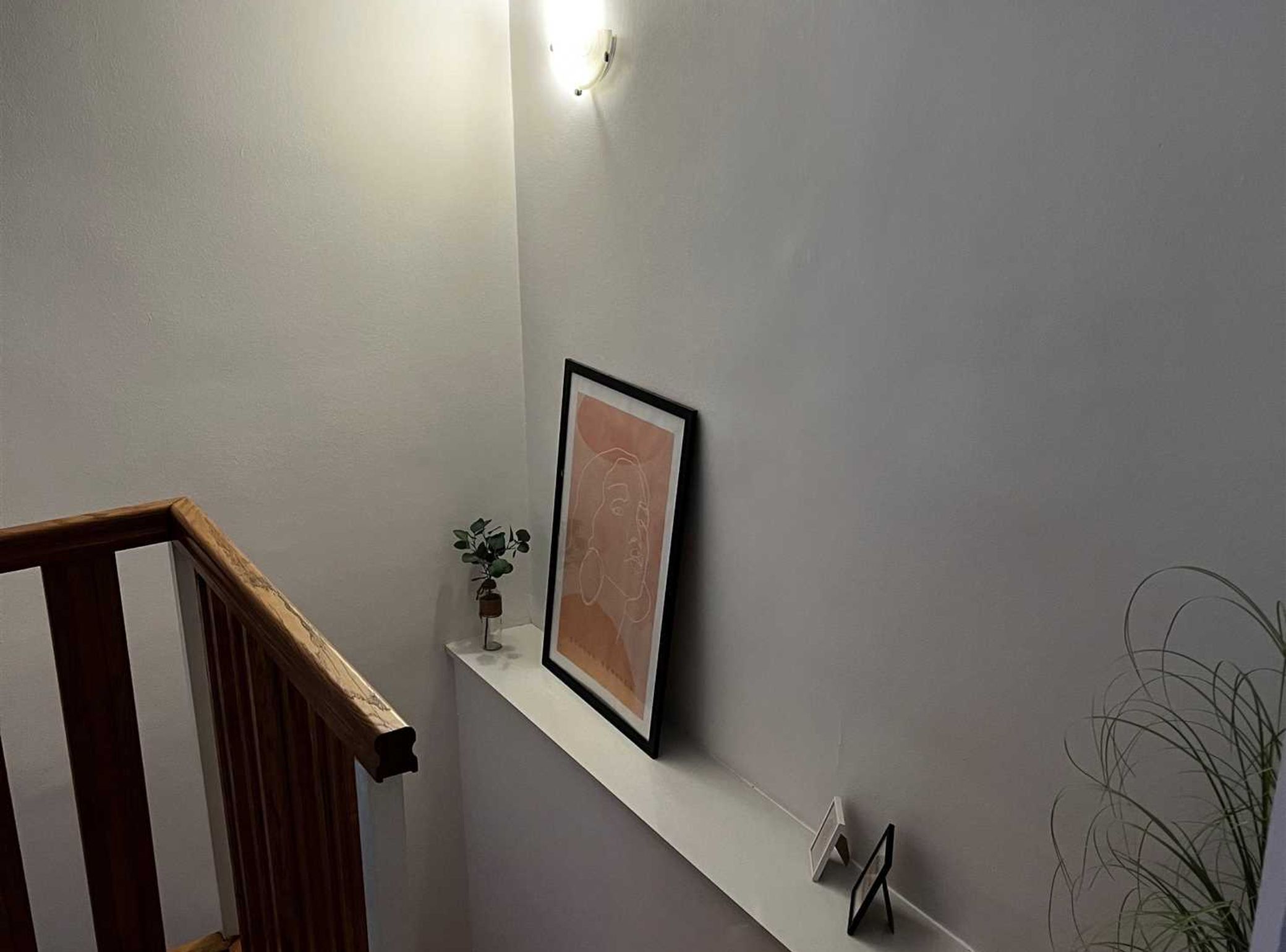 A staircase with a wooden handrail, a white wall, a framed picture, a small potted plant, and a wall-mounted light fixture.