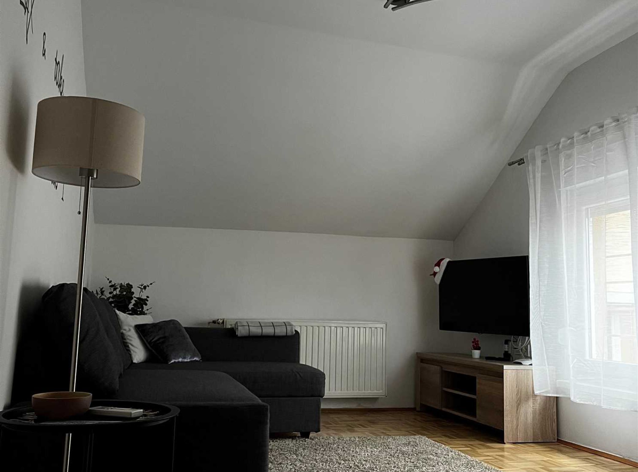 A modern living room with a sofa, a floor lamp, a TV, and a radiator.