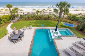 Outdoor pool, pool umbrellas, sun loungers