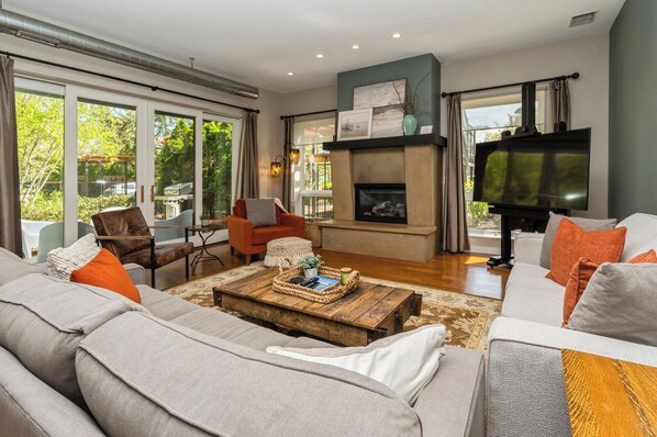 Smart TV, fireplace, books