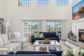 Smart TV, fireplace, books