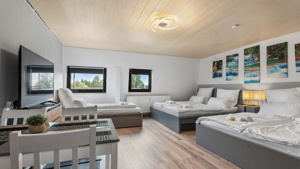A modern bedroom with a wooden ceiling, a desk with a computer, two beds, and a view of a waterfall through the windows.