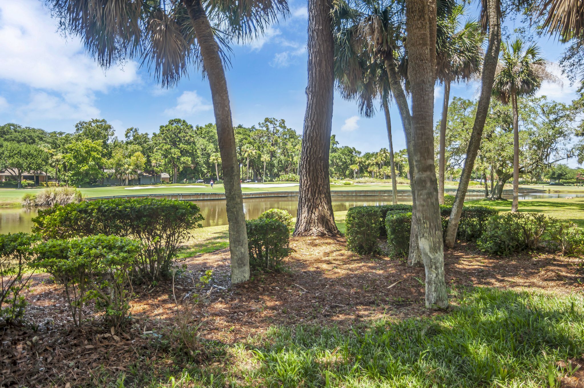 A golf course with a pond, surrounded by trees and well-maintained grass.