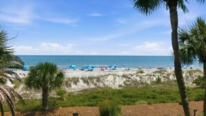 A beach with palm trees, umbrellas, and a clear sky. - 201 Turtle Lane at The Sea Pines Resort (Hilton Head Island)