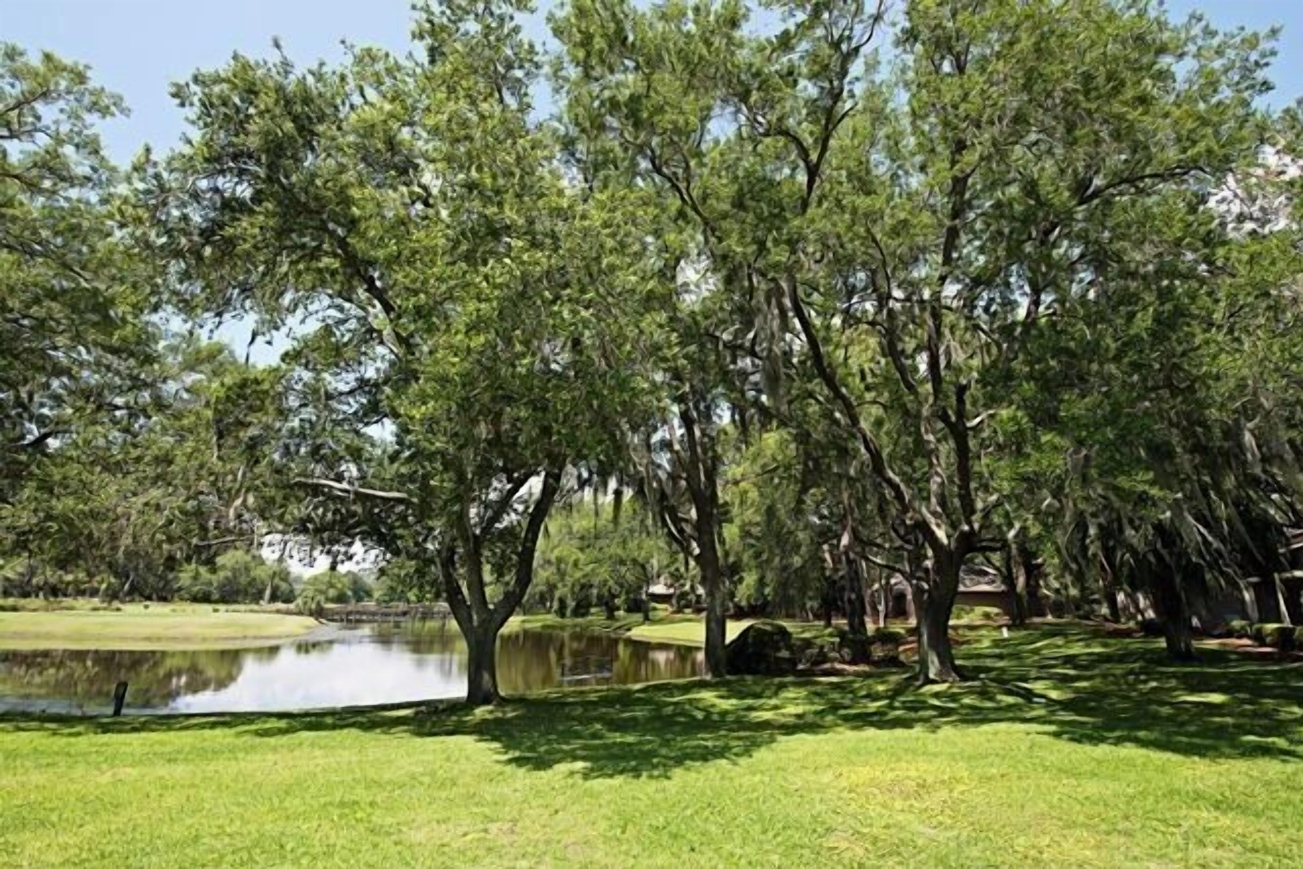 A park with a pond, trees, and a grassy area.
