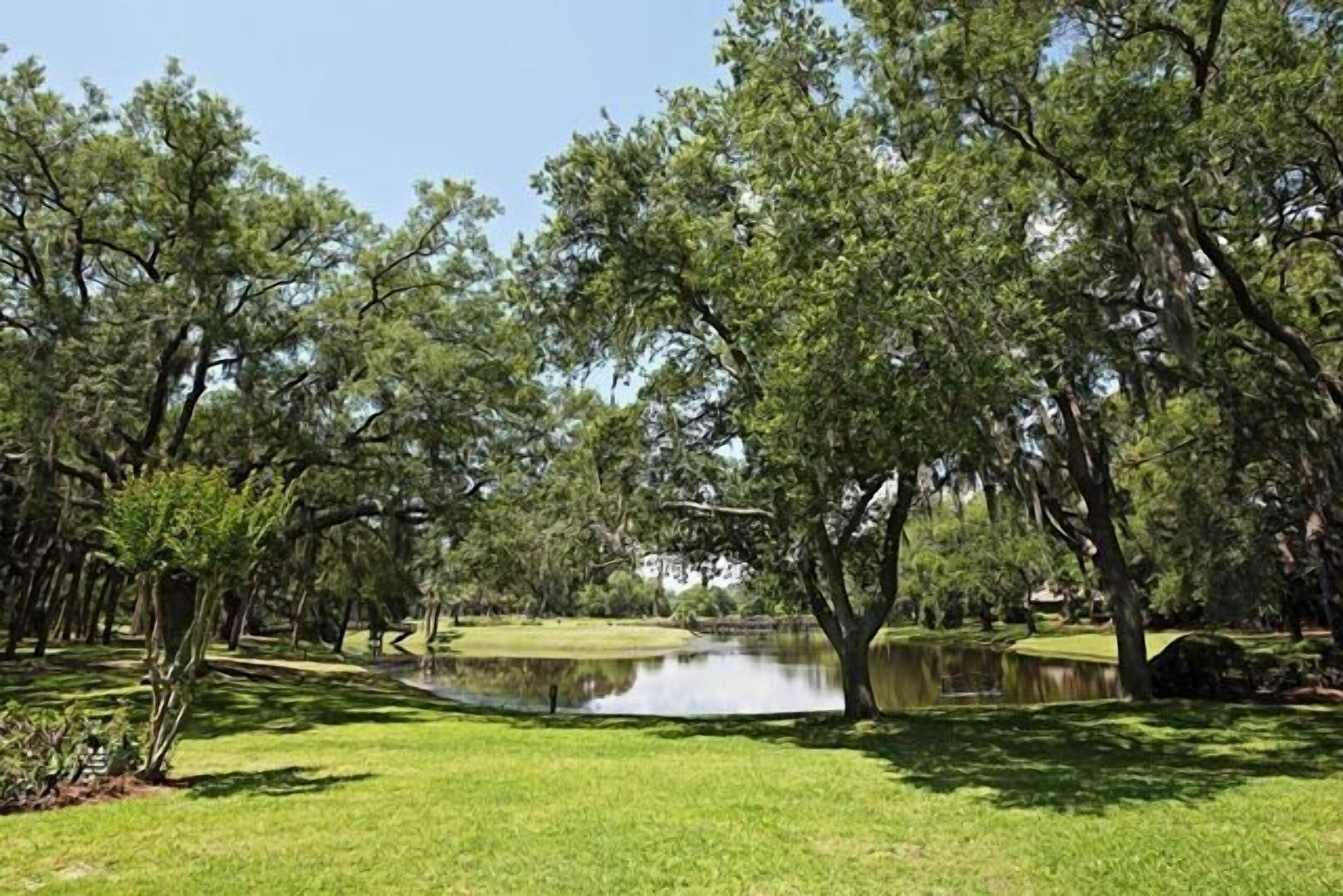 Un parque tranquilo con un estanque, árboles y una zona cubierta de césped.