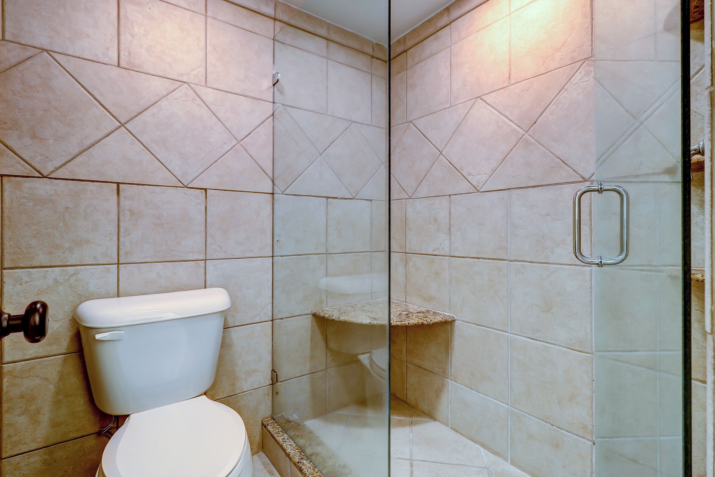 A bathroom with a toilet, a shower stall, and a glass partition.