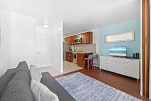 Sofa bed with flatscreen TV and kitchen
