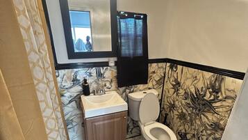 Shower, towels, soap, toilet paper