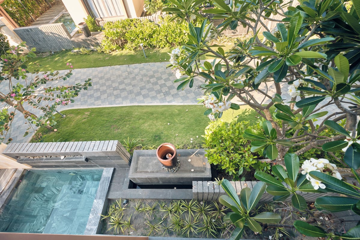 A rooftop garden with a hot tub, a small pond, and various plants.