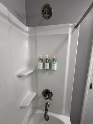 Hair dryer, towels, soap, toilet paper
