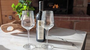 A bottle of wine and two glasses on a marble table with a wooden coaster, a plant, and a fireplace in the background.
