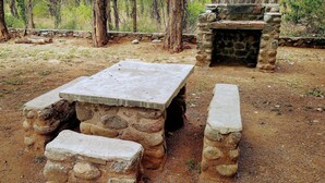 A stone bench with a flat top and a backrest, surrounded by a rustic stone wall.