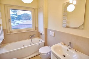Shower, jetted tub, hair dryer, bidet