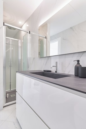 Shower, hair dryer, bidet, towels