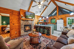 TV connectée, cheminée, livres, espaces bureaux