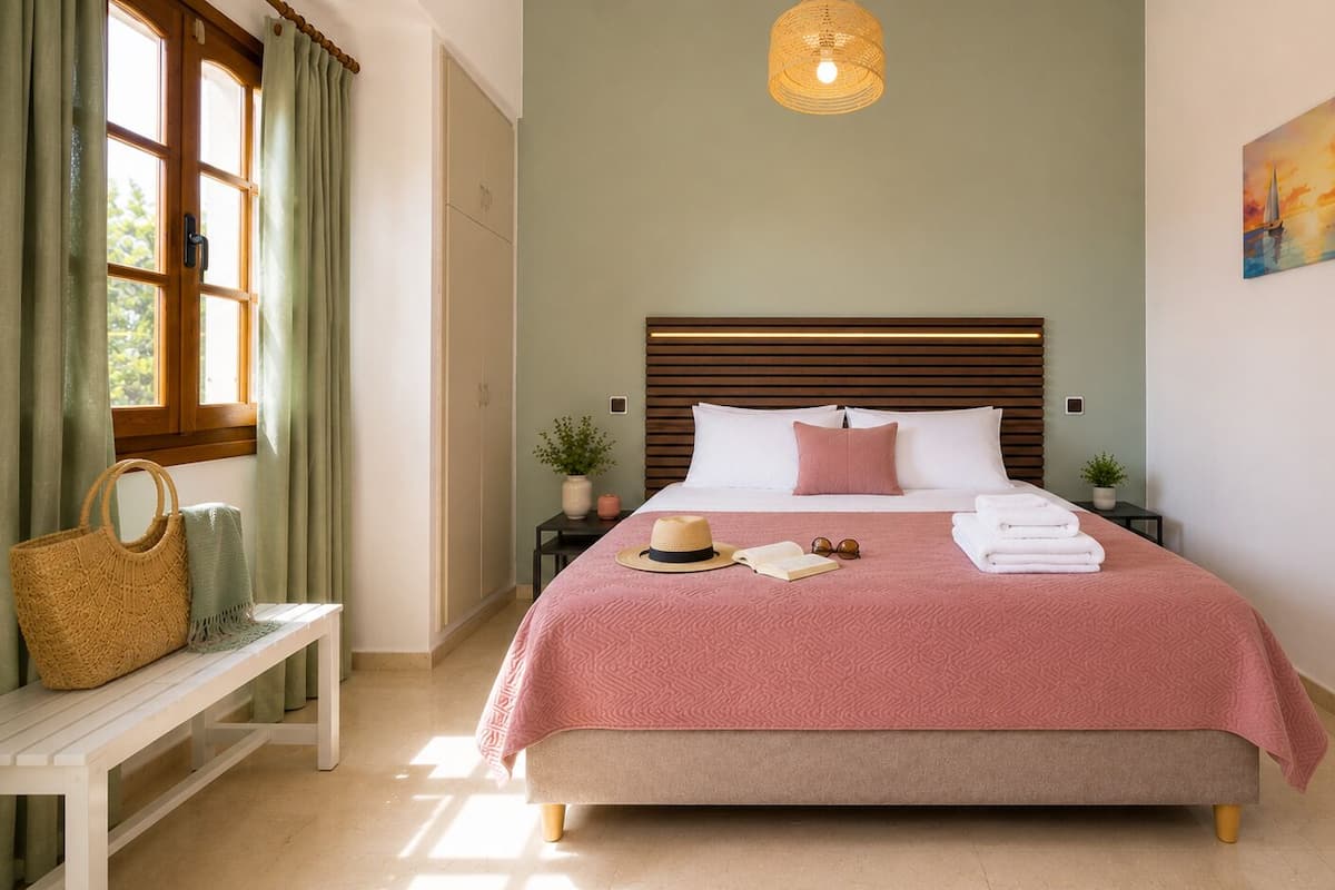 Une chambre à coucher avec un lit, des tables de chevet, un banc, une fenêtre et un tableau au mur.