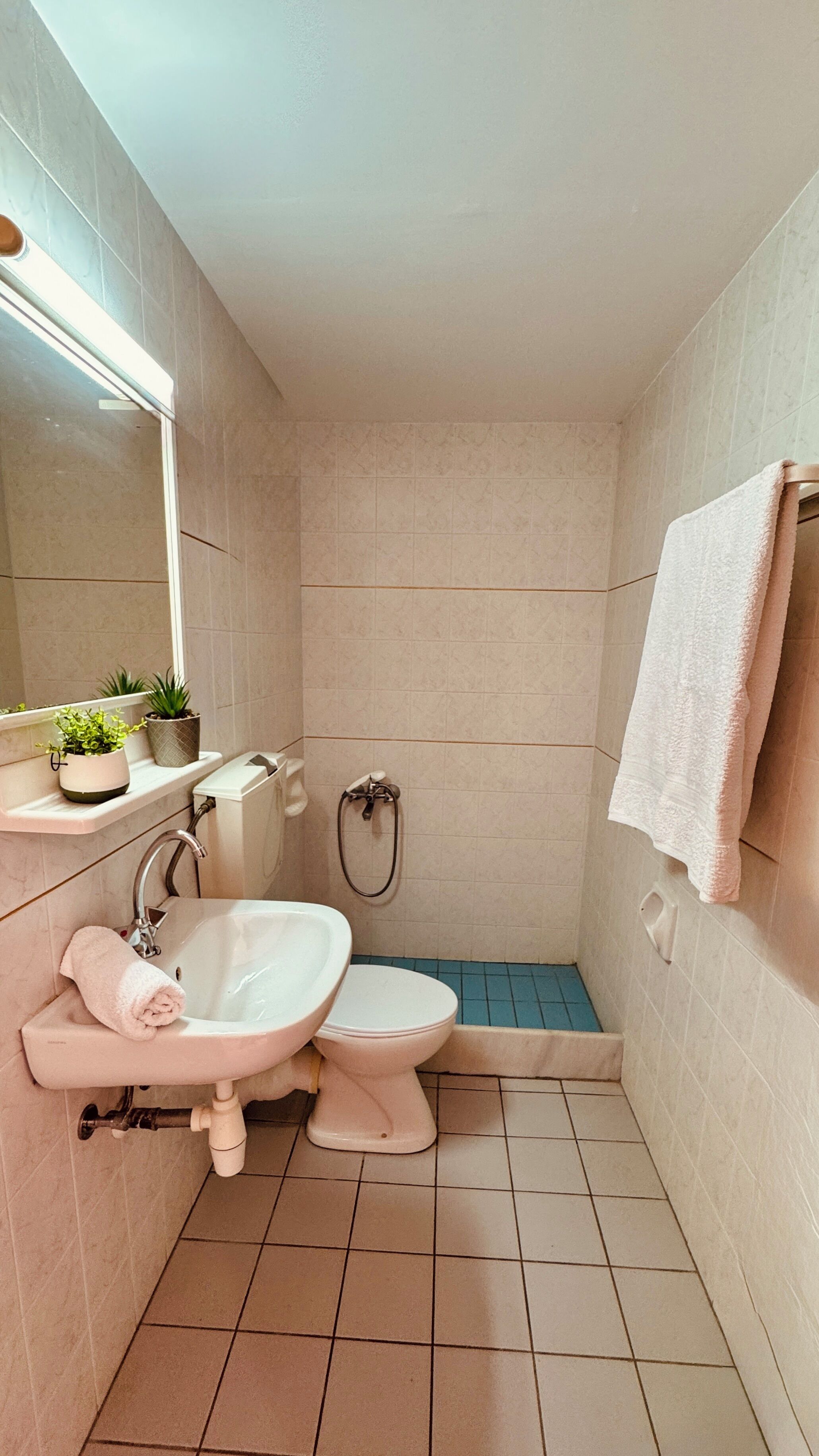 A small bathroom with a sink, toilet, and shower. There is a mirror above the sink and a towel hanging on the wall.