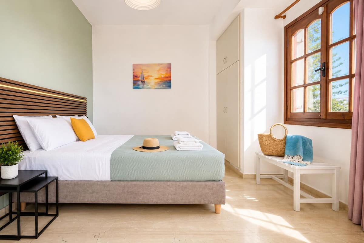 Une chambre à coucher avec un lit, une table de chevet et une fenêtre avec des rideaux.