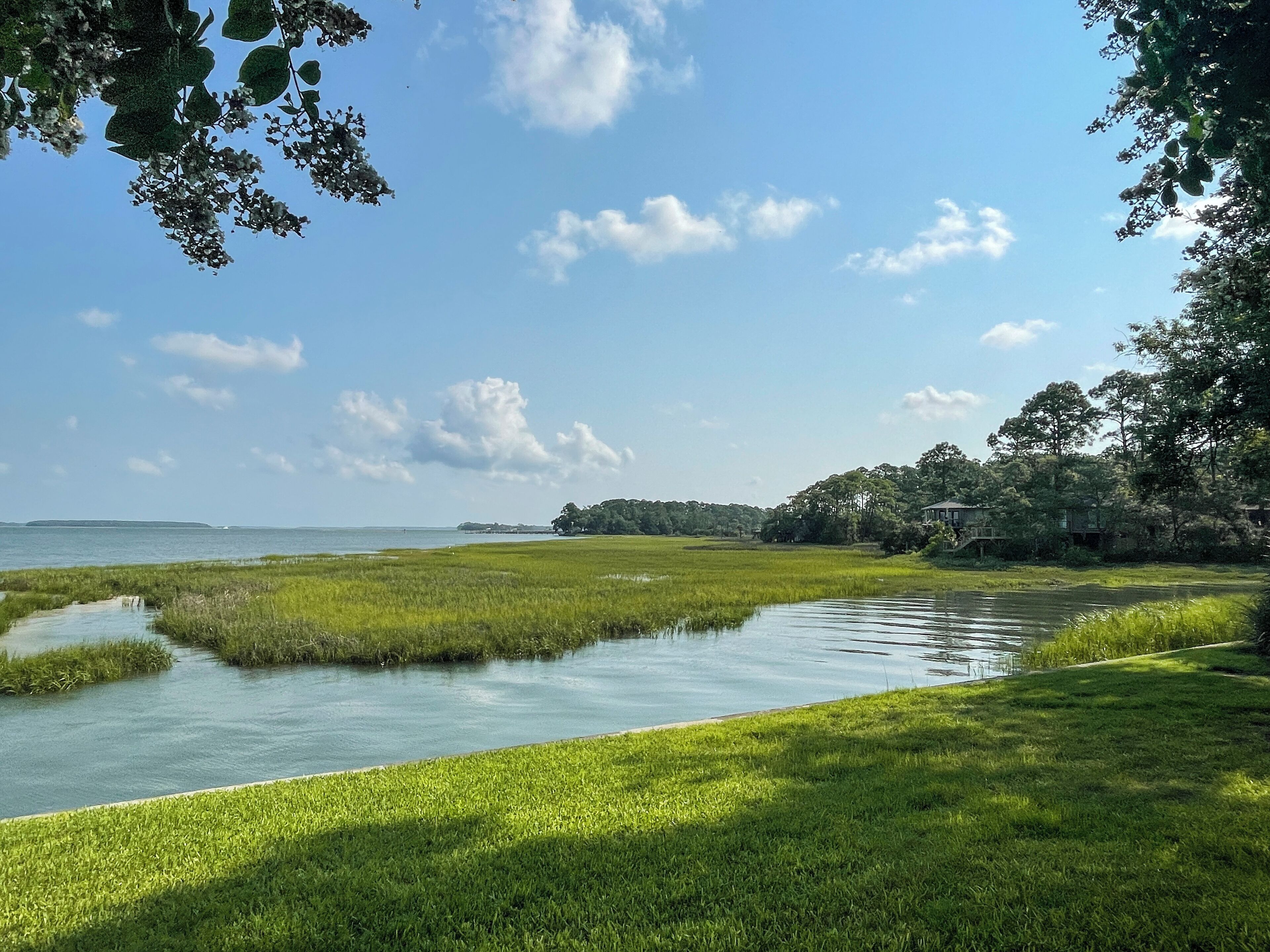 A coastal landscape with a grassy area, a body of water, and a distant shoreline.