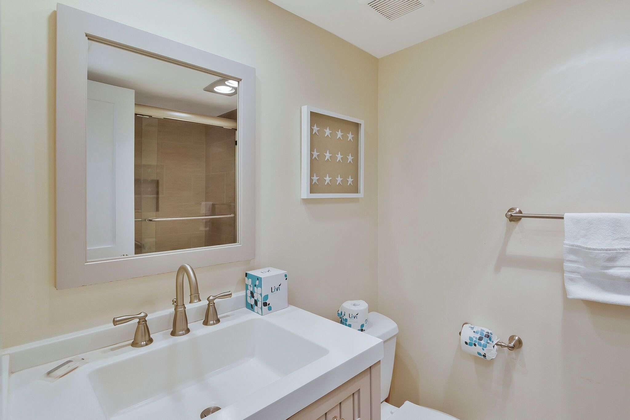 A bathroom with a large mirror, a sink with two faucets, a toilet paper holder, and a towel rack.