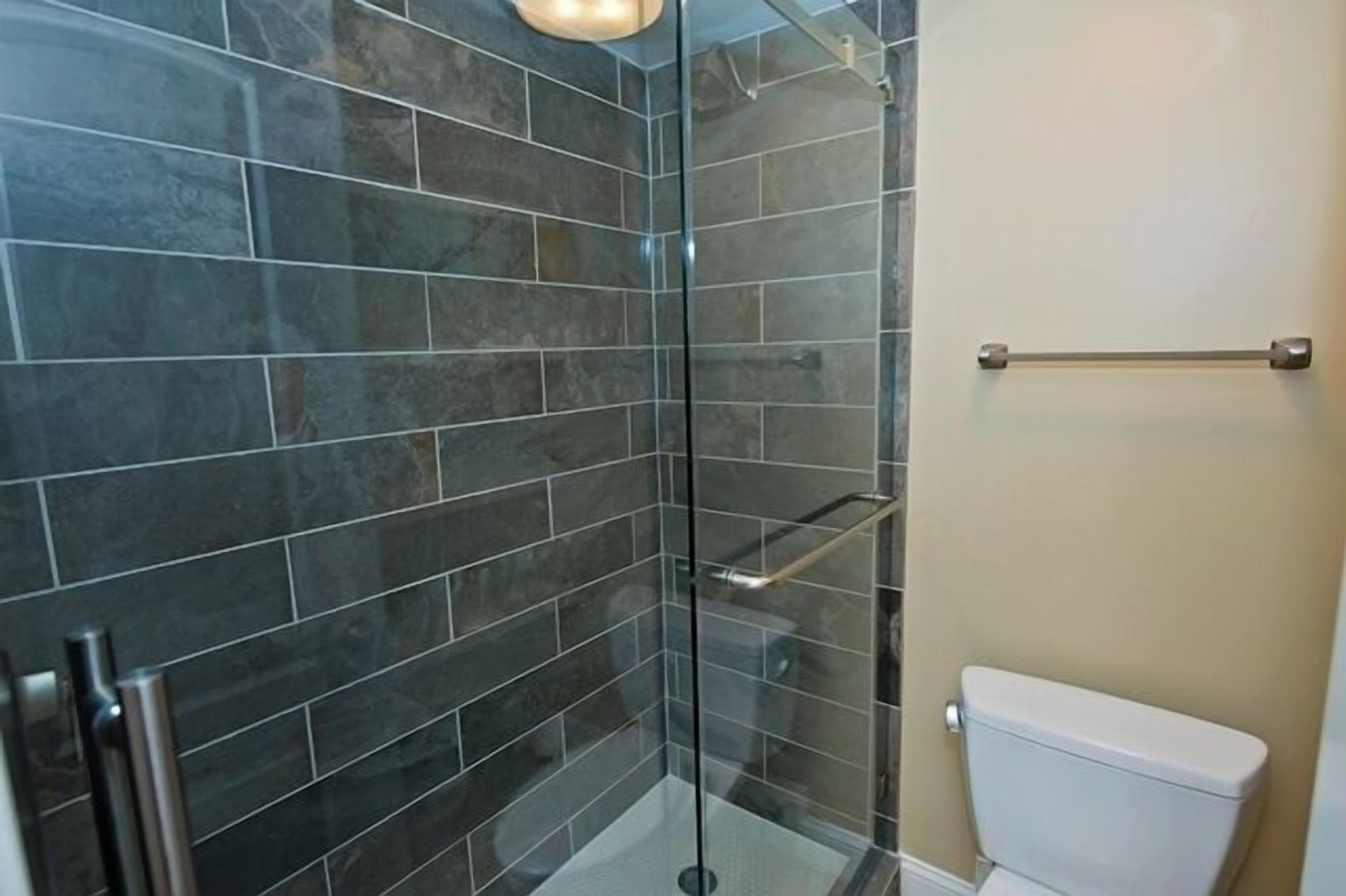 A shower with dark tiles, a glass door, and a white toilet.