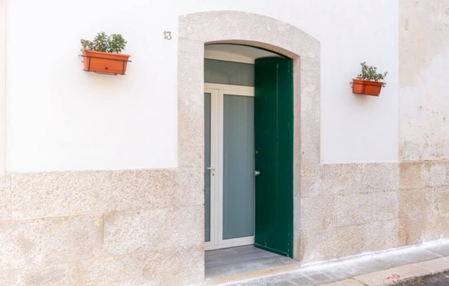 A building entrance with a green door, a stone wall, and two potted plants on either side.