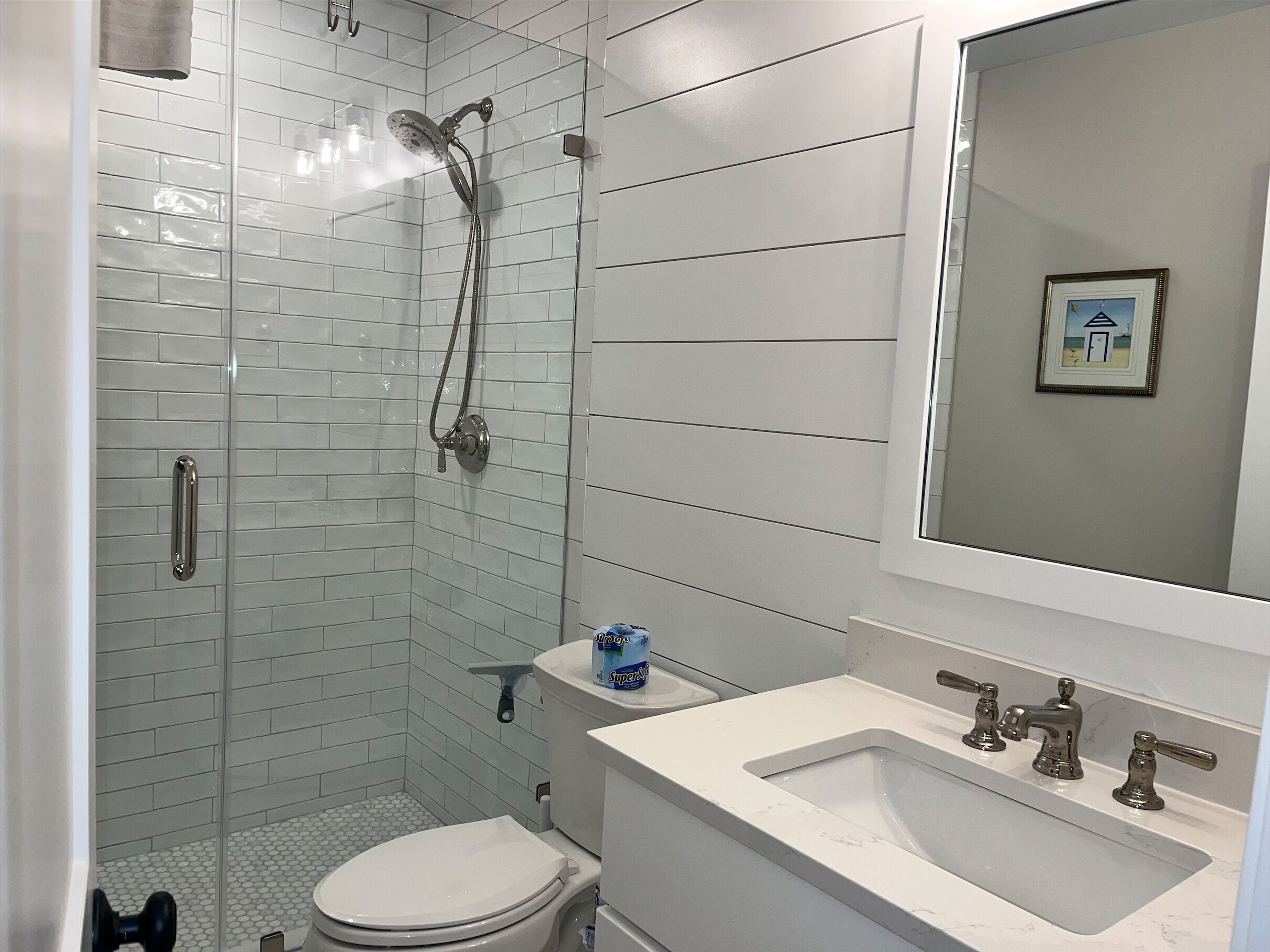 A bathroom with a glass-enclosed shower, a toilet, and a sink with a mirror above it.