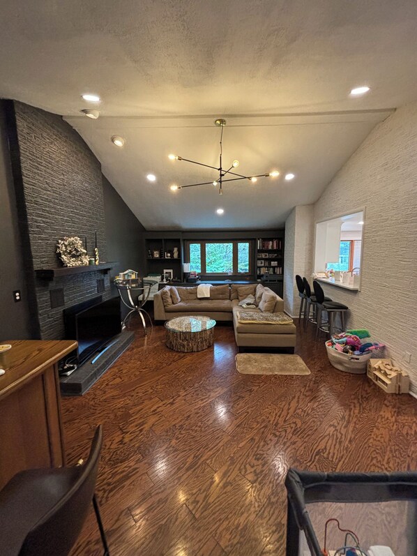 Smart TV, fireplace, books