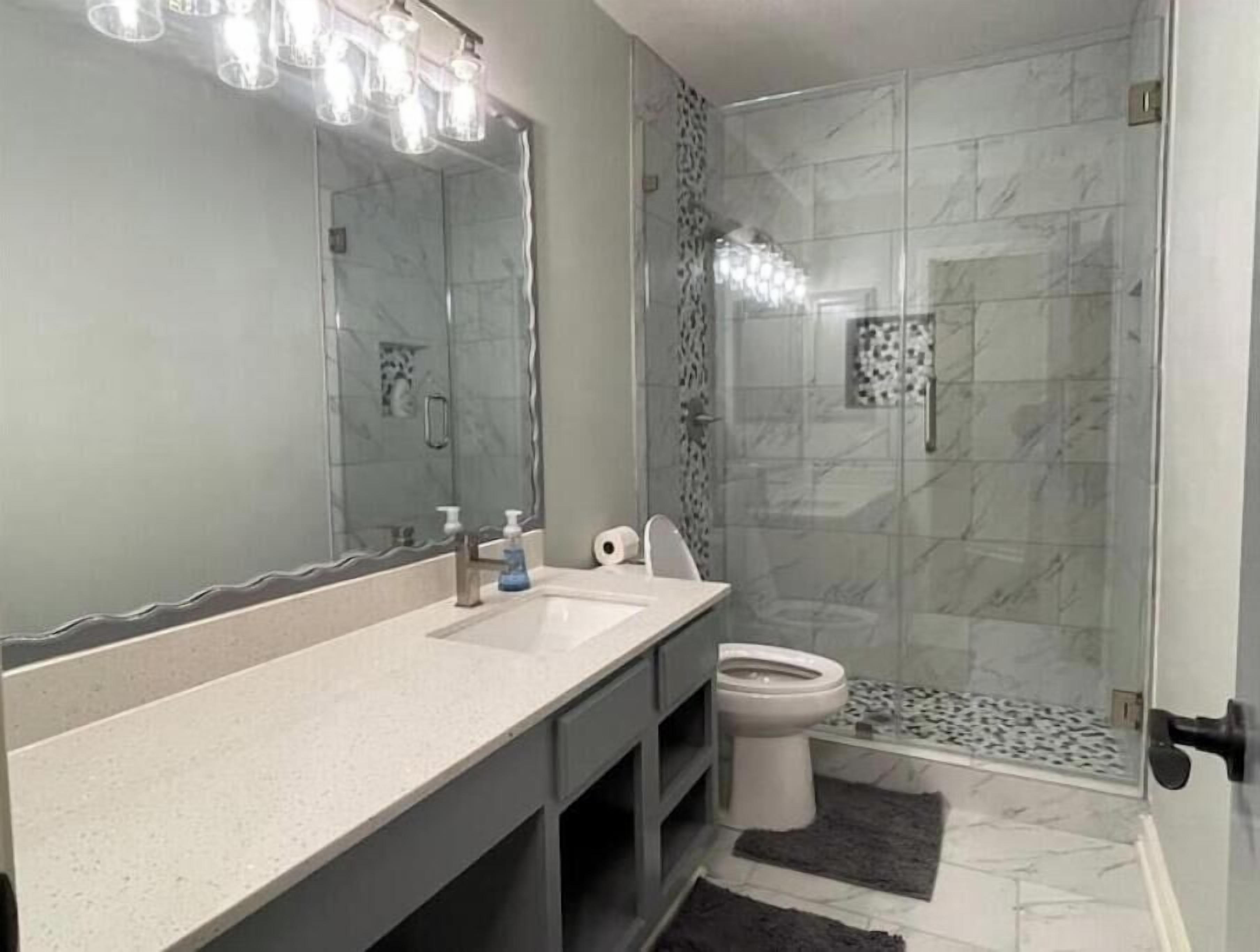 Hair dryer, towels, soap, toilet paper