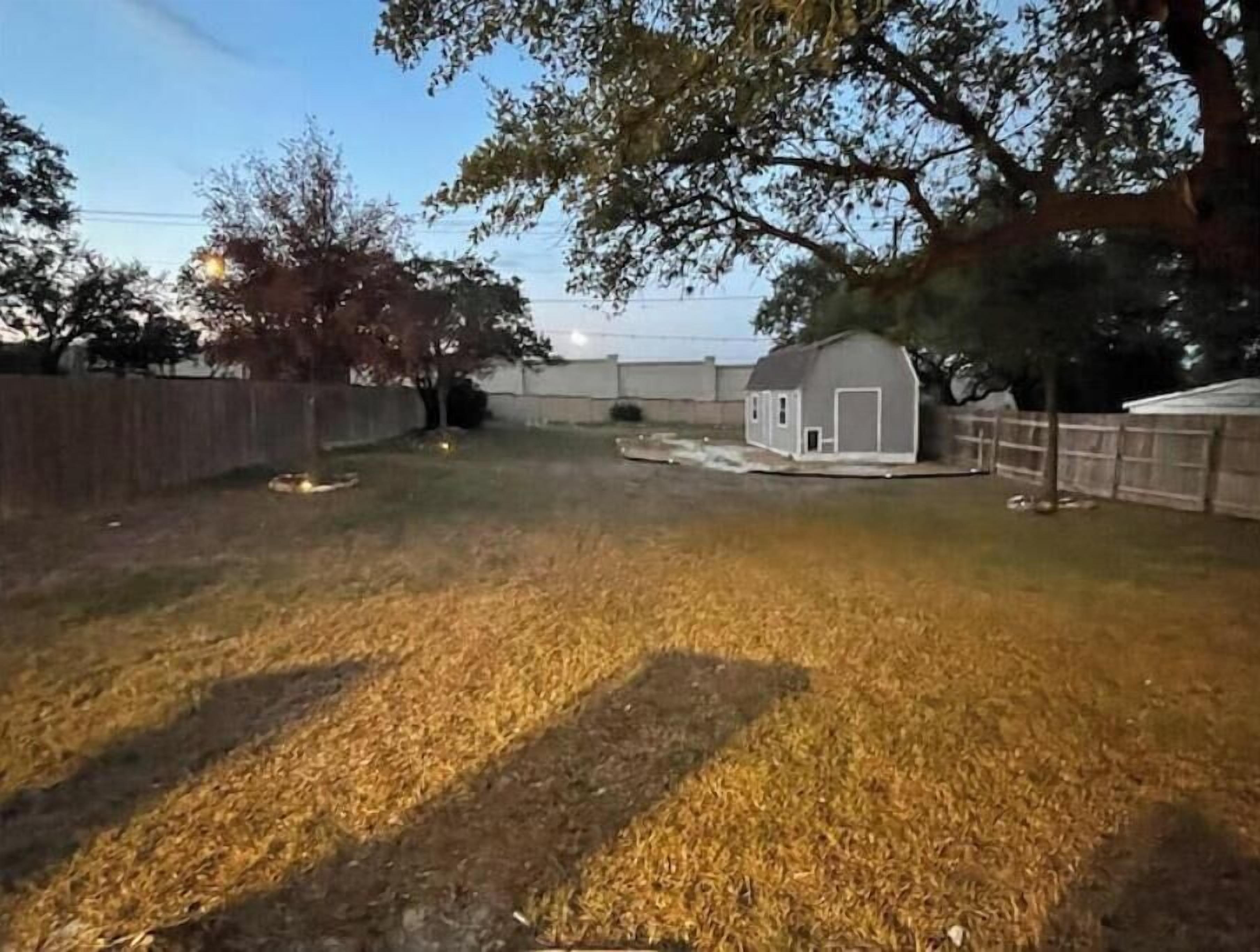 A fenced backyard with a small shed and a tree.
