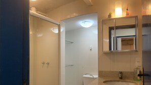 A bathroom with a glass shower enclosure, a toilet, a sink with a mirror above it, and a cabinet below. - Céu Beach club (Rio de Janeiro)