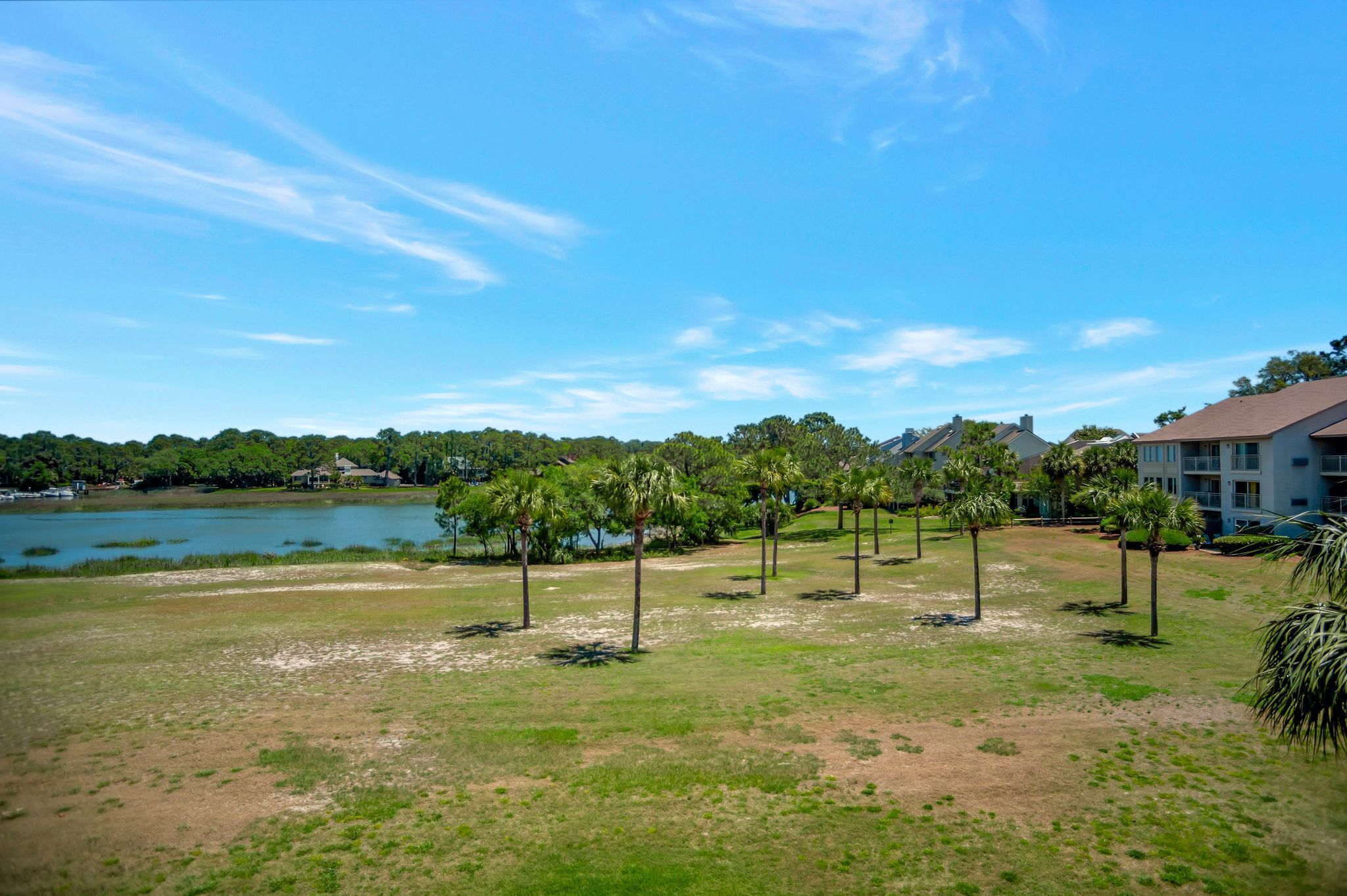 Vista al lago con zona verde, palmeras y un edificio con varios balcones.