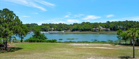 A lakeside view with a grassy area, trees, and a dock with boats.