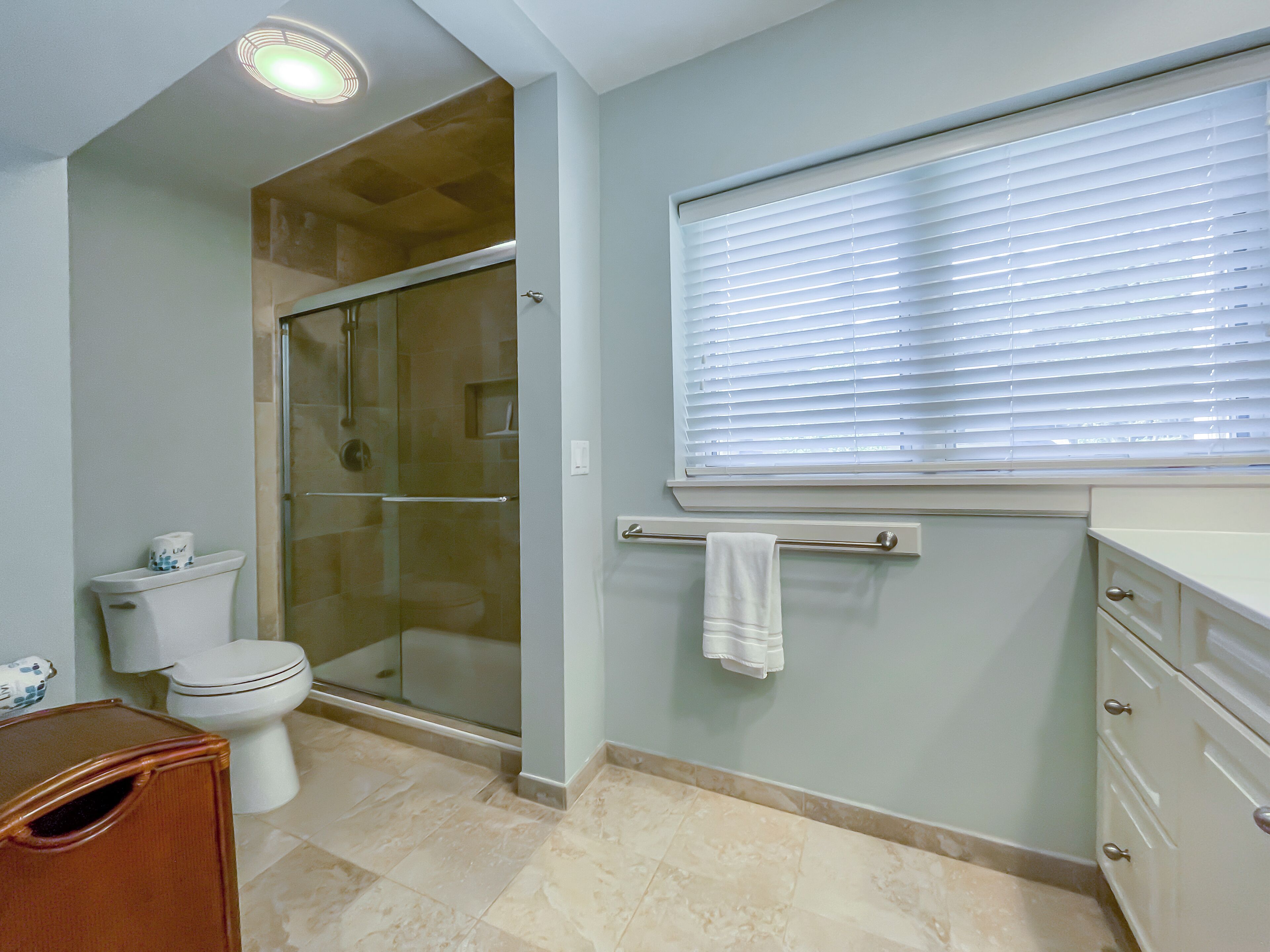 A bathroom with a toilet, shower, and vanity.