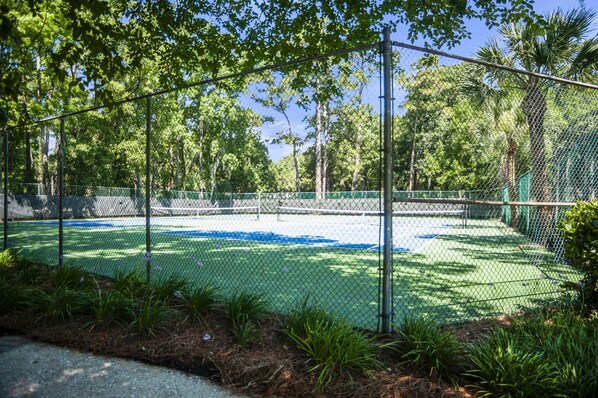 A fenced tennis court surrounded by trees and greenery.