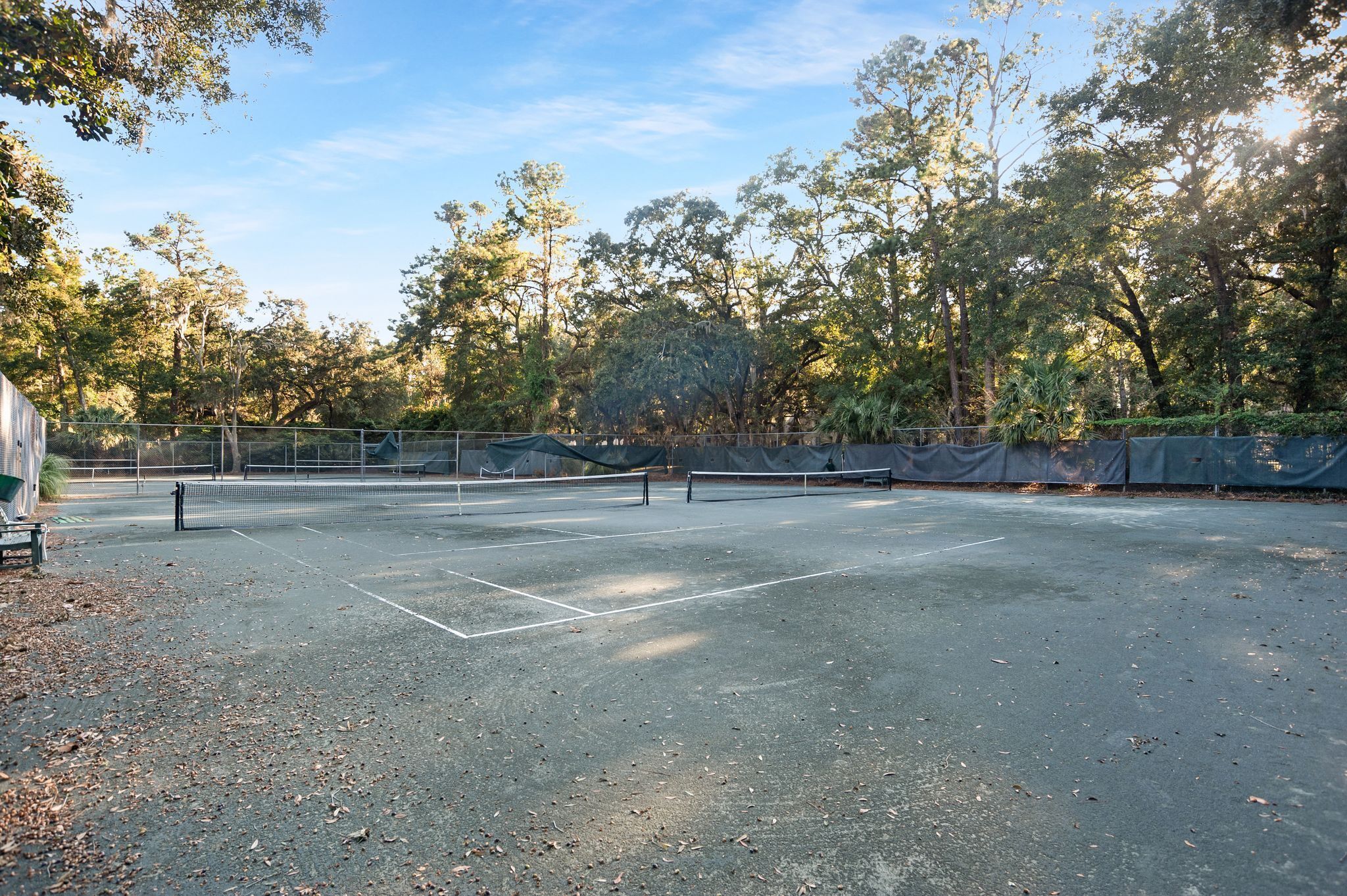 Cancha de tenis al aire libre rodeada de árboles.