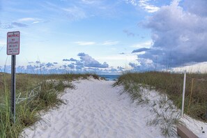 On the beach, sun-loungers, beach towels