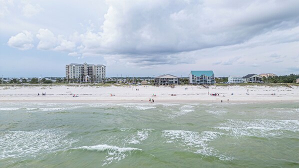 On the beach, sun-loungers, beach towels