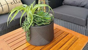 Un área de estar exterior moderna con una mesa de madera, un sofá gris y una planta en maceta.