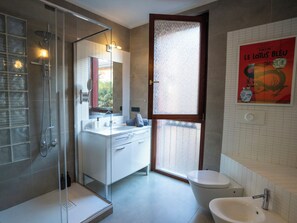 Shower, hair dryer, bidet, towels