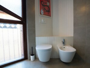 Shower, hair dryer, bidet, towels