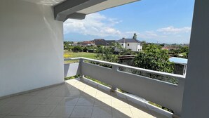 A spacious balcony with a tiled floor and a railing, offering a view of a residential area with houses and greenery. - Elodi’s Villa (Fushkruje)
