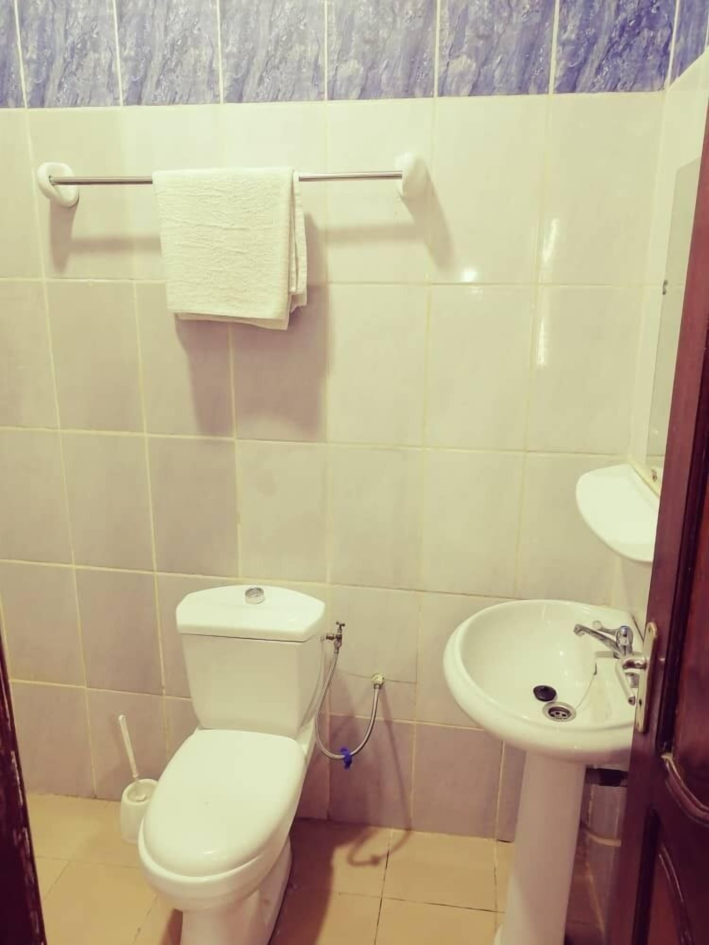A small bathroom with a toilet, sink, and a towel rack.