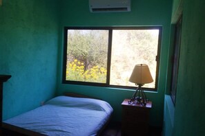 A small room with a single bed, a window with a view of trees, and a table with a lamp. - Casa Pajaros  (Cabo Pulmo)