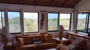 Ein gemütliches Wohnzimmer mit einer braunen Ledersofa, einem Holztisch und zwei Fenstern mit Blick auf Grünflächen und Hügel.