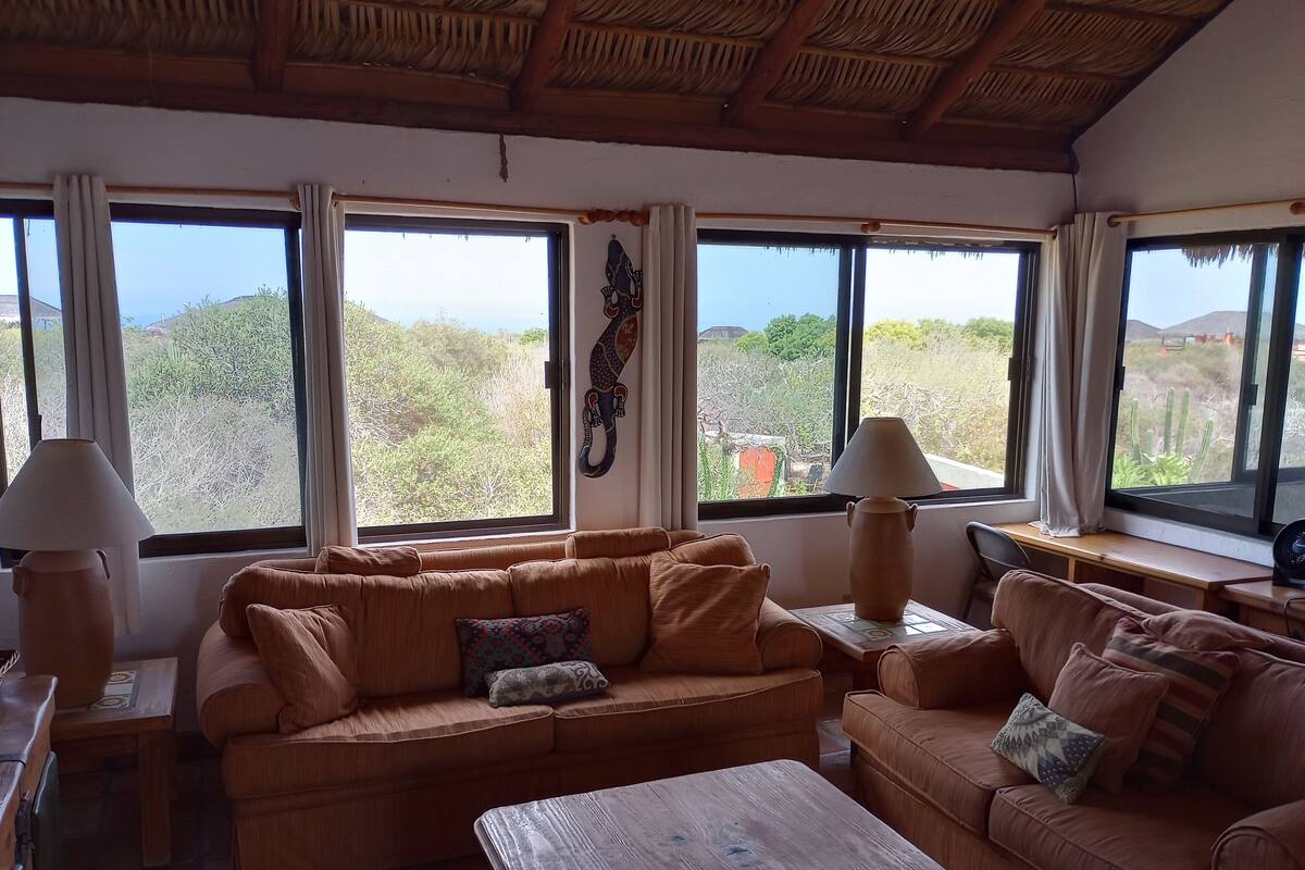 A cozy living room with a brown leather sofa, a wooden coffee table, and two windows offering a view of greenery and hills.