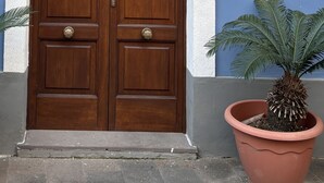 A double wooden door with a white frame, set against a blue wall with a grey base. - Independent apartments with fully equipped kitchen in central location (Lipari)
