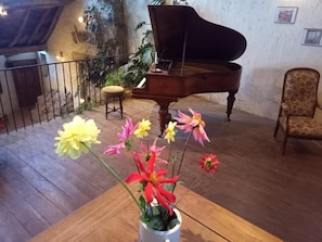 Un piano de cola en una habitación con piso de madera, una planta en maceta con flores y una silla.